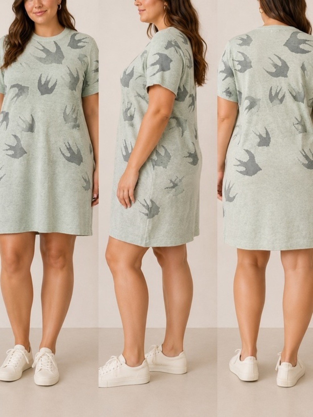 McQ Alexander McQueen Mint Green Swallow Print Streetwear Mini Shirt Dress